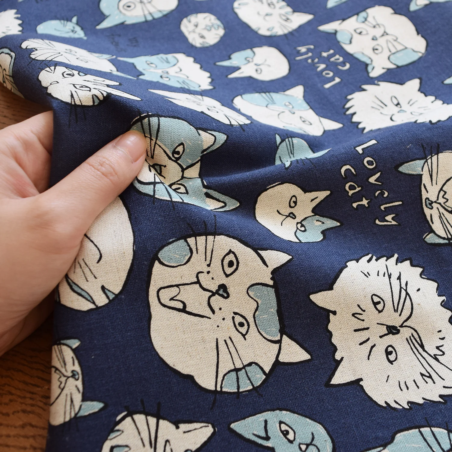Doodle Animals Cat Cotton Linen Canvas - Navy YKA-36000-1 - Image 3