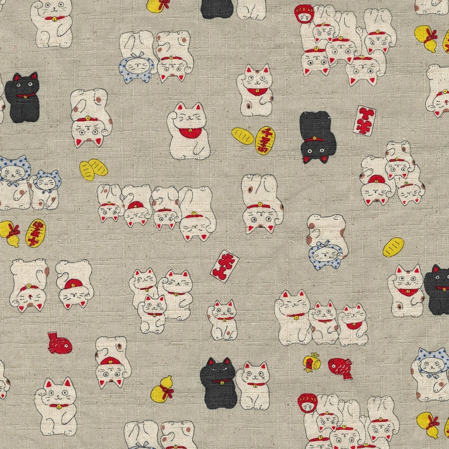 Funny Japan Lucky Cats Cotton Dobby - Natural YKA-31060-1