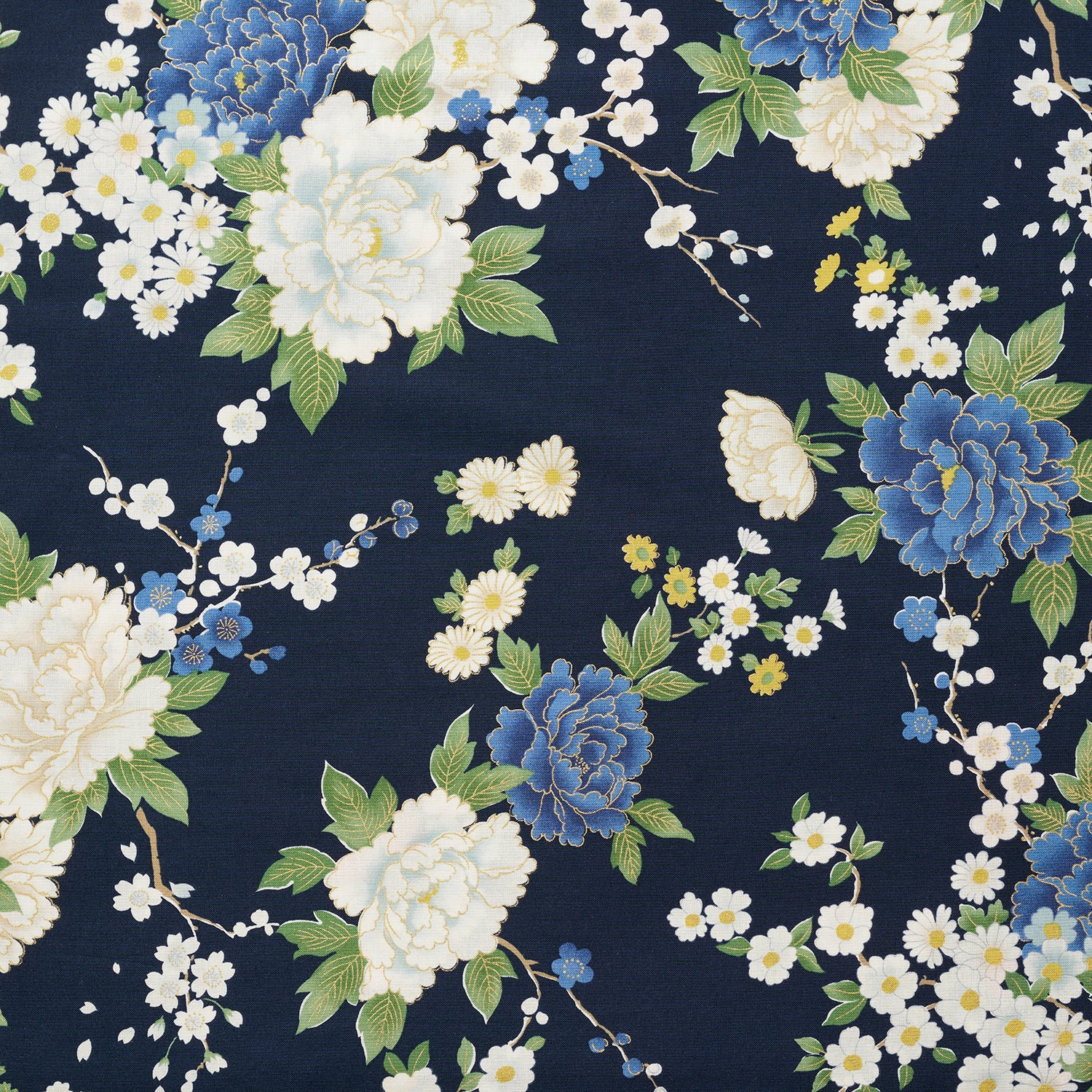 Japanese Peony Prints Cotton Sheeting - Navy YGA-79070-2