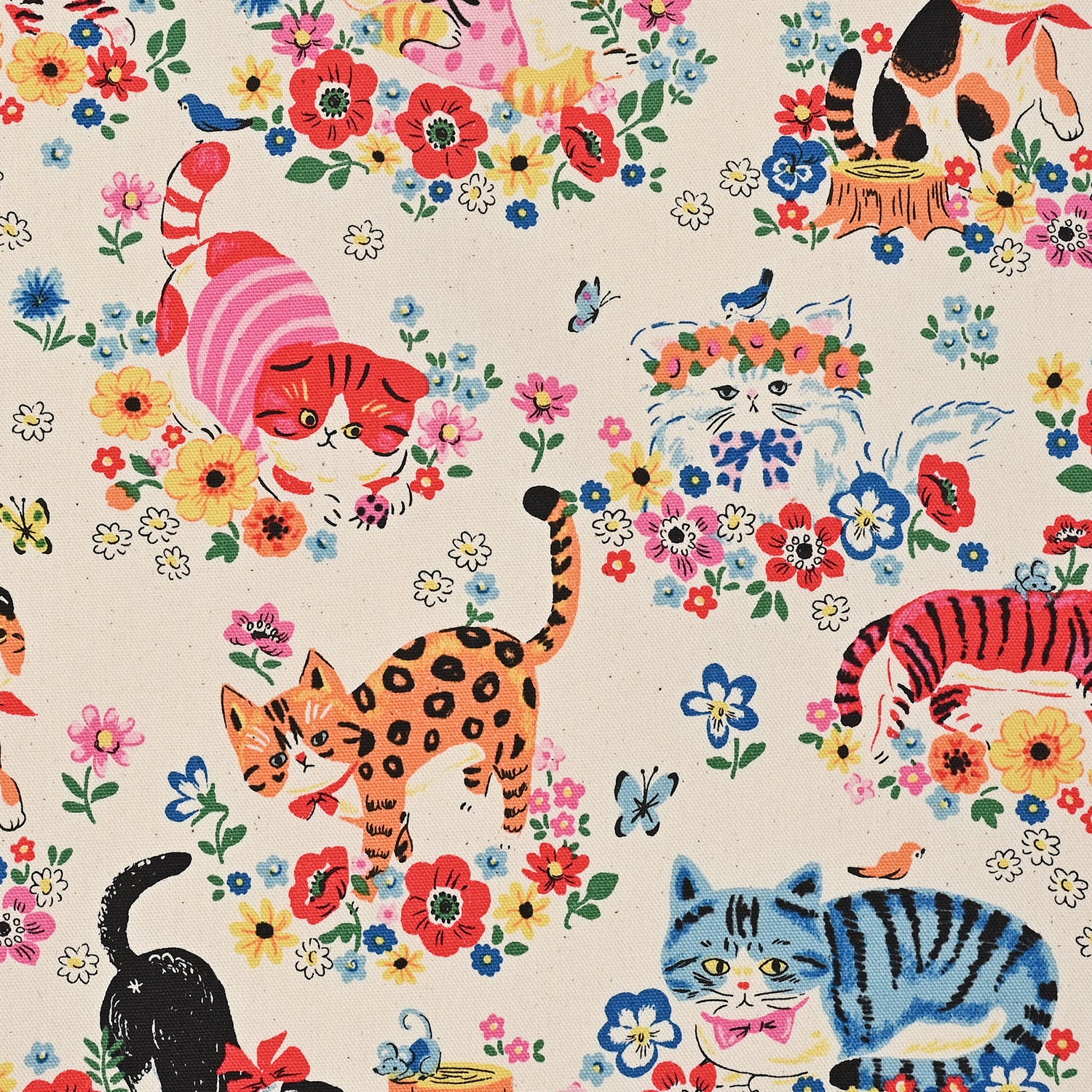 Powerful Animal Cats Flower Garden Cotton Oxford - White YGA-81050-1