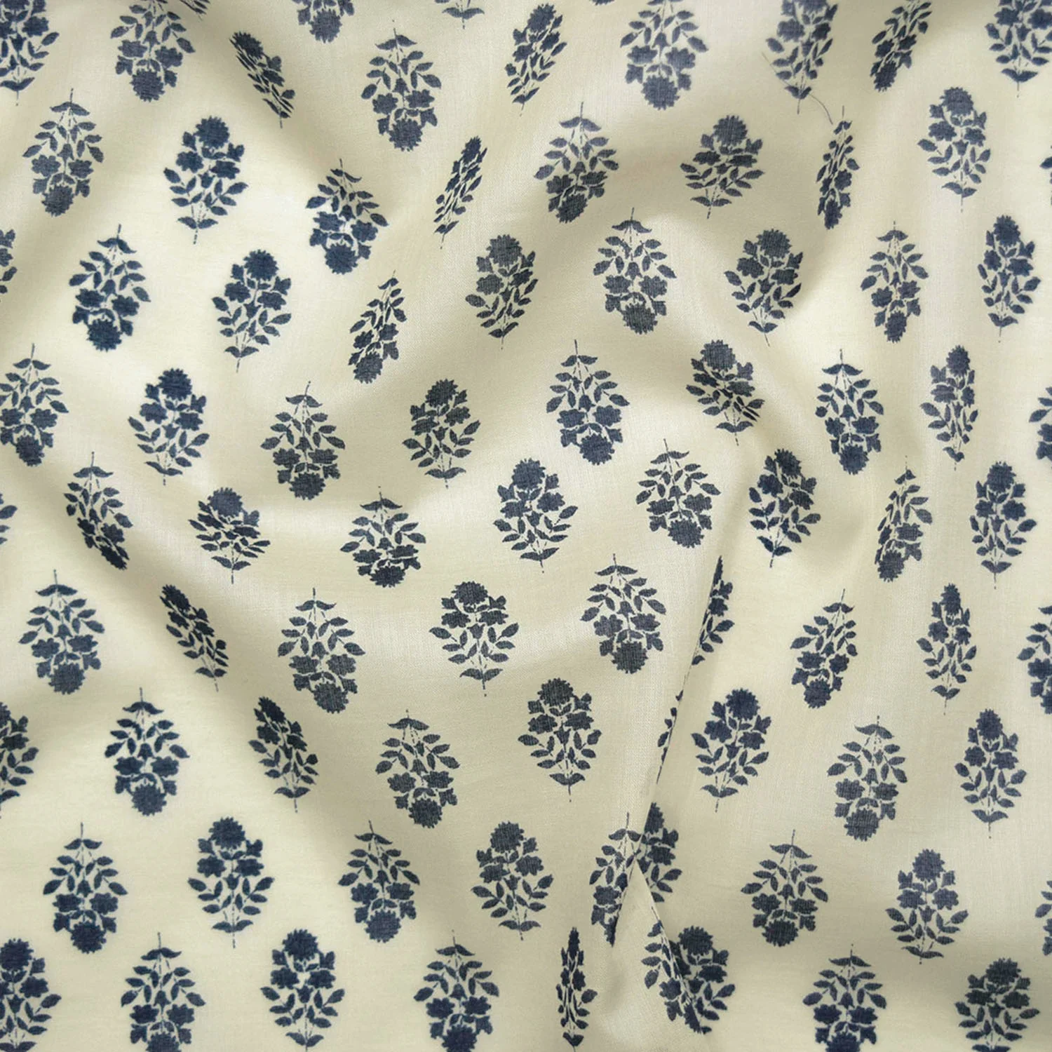 Vintage Floral Silhouette Block Print-inspired Cotton Lawn - White x Blue NFA-3100-102